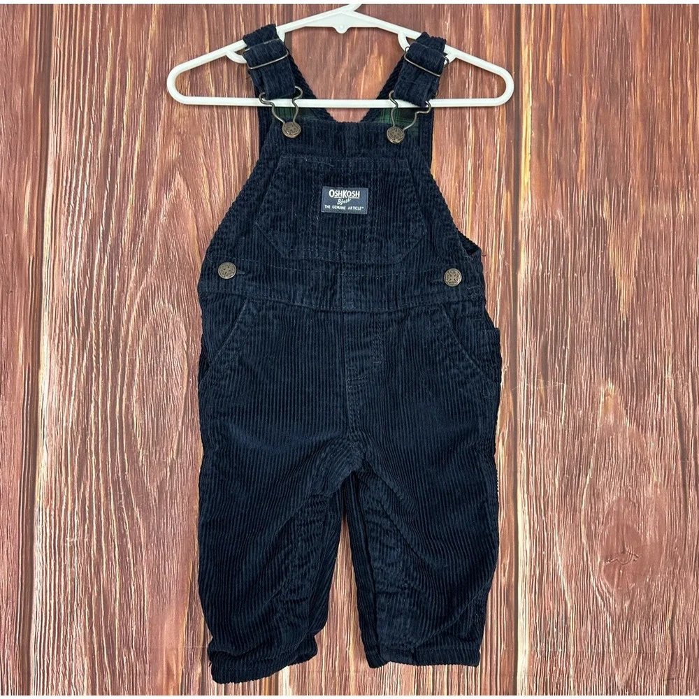 OshKosh B'gosh Baby Overalls 6M Corduroy Navy Blue Adjustable Straps Plaid Lined